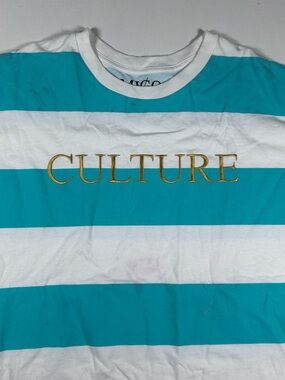MIGOS - Culture Striped Shirt Mens Sz Fits XL Rap Tee (marks Noted) Teal & Gold